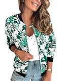 Picture of ECOWISH Women's Casual Floral Zip Up Bomber Jacket Coat Lightweight Short Camo No Lining Outwear Tops Windbreaker with Pocket 333Emerald Green X-Large