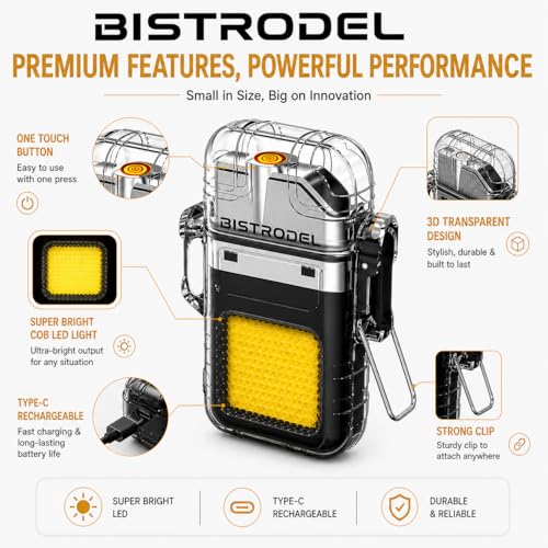 Image of Waterproof Plasma Arc Lighter with LED Flashlight | USB Rechargeable Windproof Flameless Lighter | Transparent Mini Torch for Camping, Hiking, Travel & Emergency