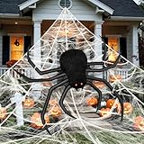 Halloween Decorations Spider Web, 40'' Inflatables Giant Spider + 200'' Triangular Giant Spider Web + 20G Spider Web, Scary Hairy Fake Halloween Spiders Props for Indoor Outdoor Party Halloween Yard.