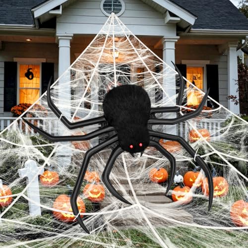 Halloween Decorations Spider Web 40 Inflatables Giant Spider + 200 Triangular Giant Spider Web + 20G Spider Web Scary Hairy Fake Halloween Spiders Props for Indoor Outdoor Party Halloween Yard.