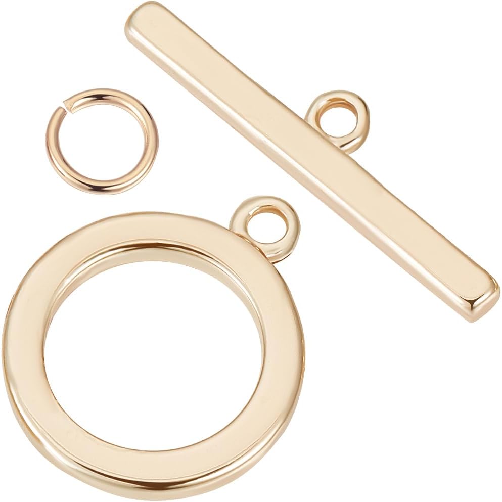 1 Box 10Pcs Toggle Clasp 18K Gold Plated Smooth Ring T-bar Closure End Clasps Connector Sets with 20Pcs Open Jump Rings for DIY Jewellery Making Necklace Bracelet