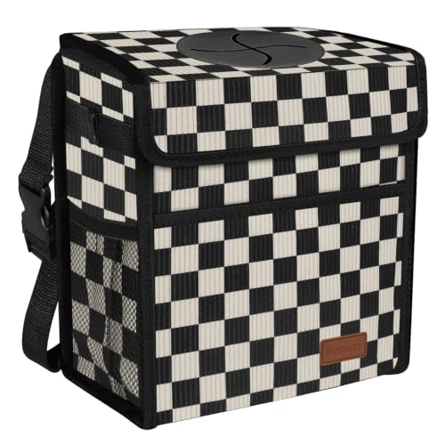Image of Femuar Leak Proof Car Trash Can with Lid, Collapsible Hanging Waterproof Car Trash Bag with Mesh Pocket for SUV Front Seat Headrest, Large /Black White Plaid