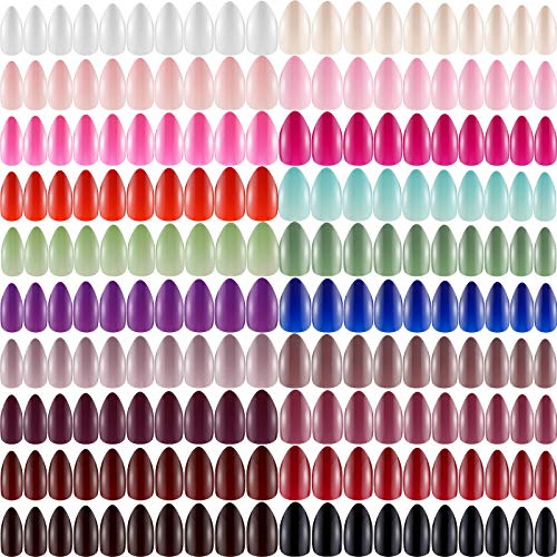1200 Pieces 2 Boxes Stiletto Glossy Press on Nails Colorful Nail Tips Full Cover False Nails Solid Color Artificial Nail for Women Girls DIY Nail Art Decorations (Light Color)