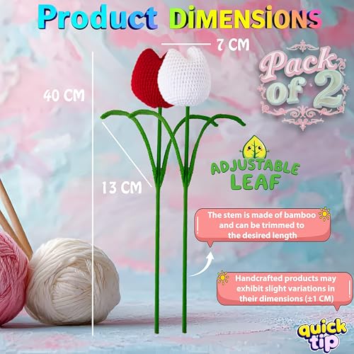 Image of Tulip Crochet Flowers | Handcrafted Artificial Faux Woolen Flower with Long Stem | Natural Looking Knitted Flower for Home, Living Room, Vase & Bouquet Decoration & Gifting | Red & White