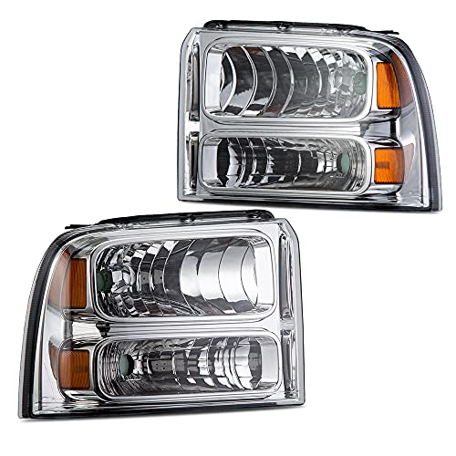 Image of GRAND ORANGE Headlights Assembly Compatible with 2005-2007 Ford F250 F350 F450 F550 Super Duty /Fit 2005 Ford Excursion Headlamp Clear lens Chrome Houing Amber Reflector