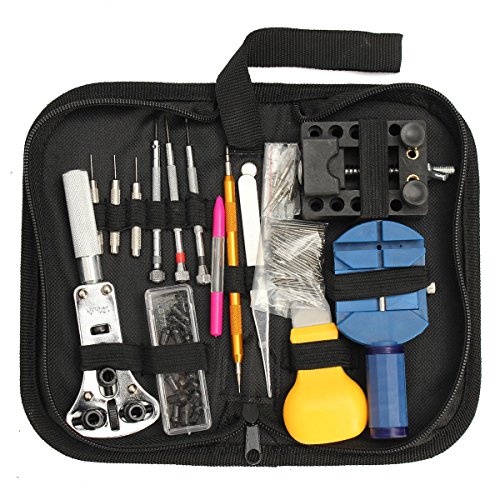 Kit de herramientas de reparación de relojes de 144 piezas, abridor de reloj, juego de herramientas de reparación profesional con bolsa de almacenamiento de lona negra