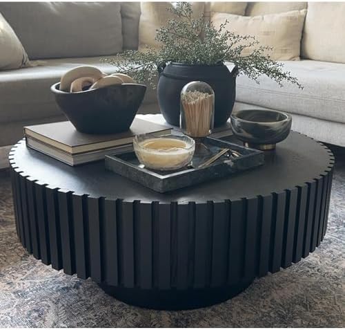 kevinplus 31.49'' Black Round Coffee Table Modern Circle Wood Cof...
