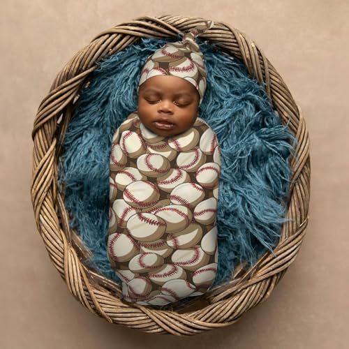 Image of Ball Baseball Pattern Newborn Swaddle Blanket Hat Sets Soft Baby Receiving Blankets Swaddle Sack for Baby Shower Infant Boy Girl Gift