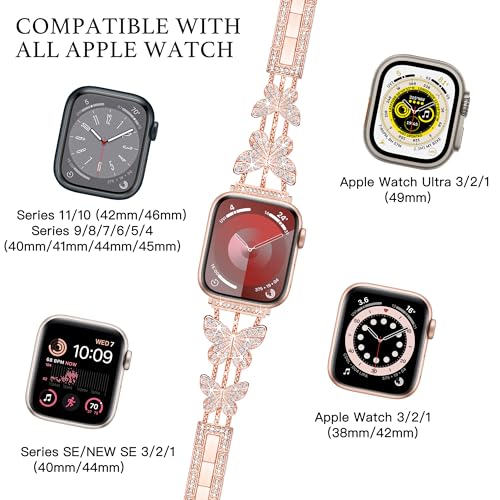 Image of Butterfly Band for Apple Watch Bands 44mm 45mm 46mm Rose Gold | Series 11 10 9 8 7 6 5 4 3 iWatch SE Ultra Band for Women, Slim Thin Metal Fancy Bling Cute Dressy Strap for Apple Watch Band