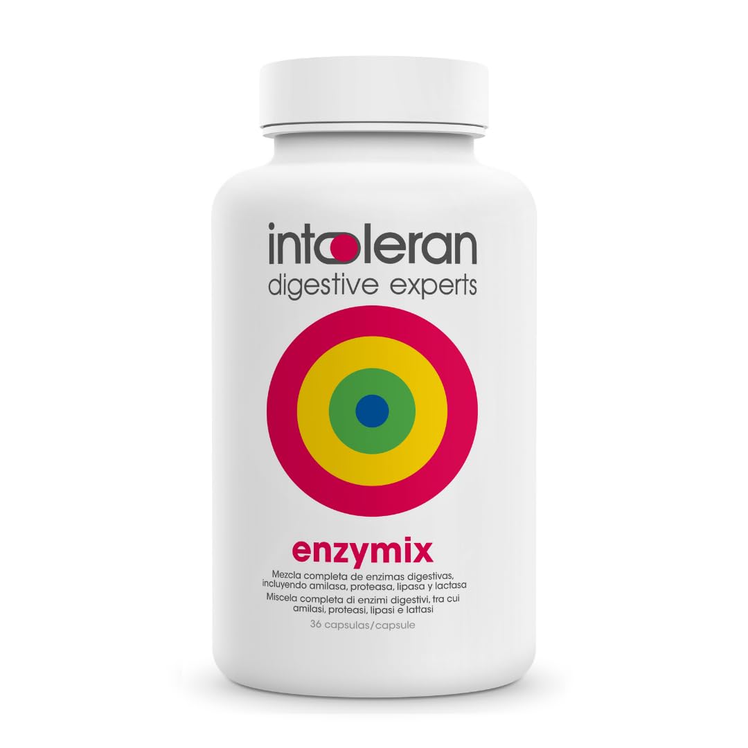 Intoleran Enzymix Enzimas digestivas – 36 cápsulas | Favorece la digestión de grasas, proteínas, carbohidratos y lactosa | Puro, vegano y sin gluten