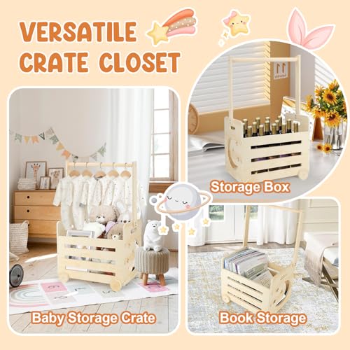 Image of Wooden Baby Shower Crate Closet With Cute Wheels, Movable Gift Basket With Raised Handle, Personalized Storage Hamper for Boys Girls New Born, Patent Pending
