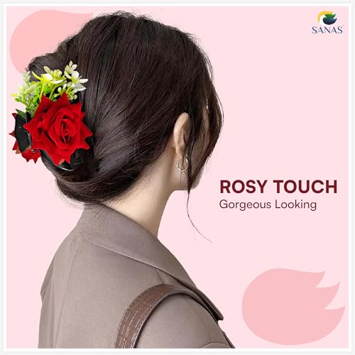 Image of Sanas Flower Claw Clip (1Pc) Red Rose Flower Clutcher For Women Hair Clutch For Women Artificial Flowers For Hair Styling Rose Clips For Hair Juda Accessories For Girls (1Pc) (Red)
