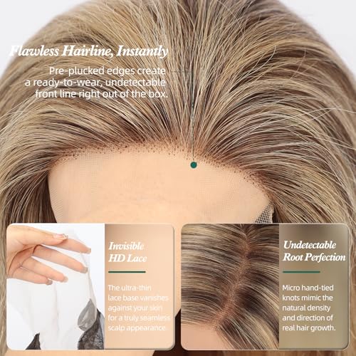 Image of 5x5 Lace Front Wigs for women,Human Hair Blonde Straight Glueless with Free Part & Pre Plucked Natural Hairline 16 Inch（Light Brown Mixed Blonde）
