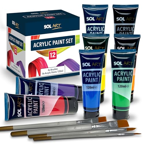 SOL 12pk Acrylic Paint Set 8x120ml Versatile Paints + 4 Brushes for Artists - Vibrant Colours for Canvas, Rock, Ceramic, and Wood - Fast-Drying, Water-Based Paint for Adults, Kids, and Hobbyists