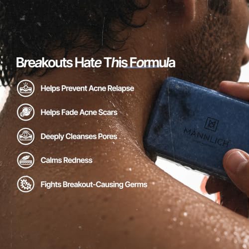 Image of Mannlich Anti-Acne Soap | Controls Excess Sebum | Handmade Body & Face Soap for Acne-Prone and Oily Skin | 2% Salicylic Acid, 2% Niacinamide & 2% Tea Tree Oil | Brightens Skin, Fades Dark Spots | Prevents Body Acne | pH Balanced, SLS Free, Dermatologically Tested | 75 g (Pack of 6)