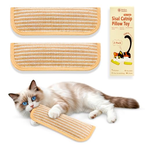 PetZen Garden Sisal Catnip Pillow Toy Kickers 2 Pack Interactive Catnip Toys with Organic 8000mg Herbal Blend for Indoor Scratching Chewing & Teething Fun for Kittens and Adult Cats