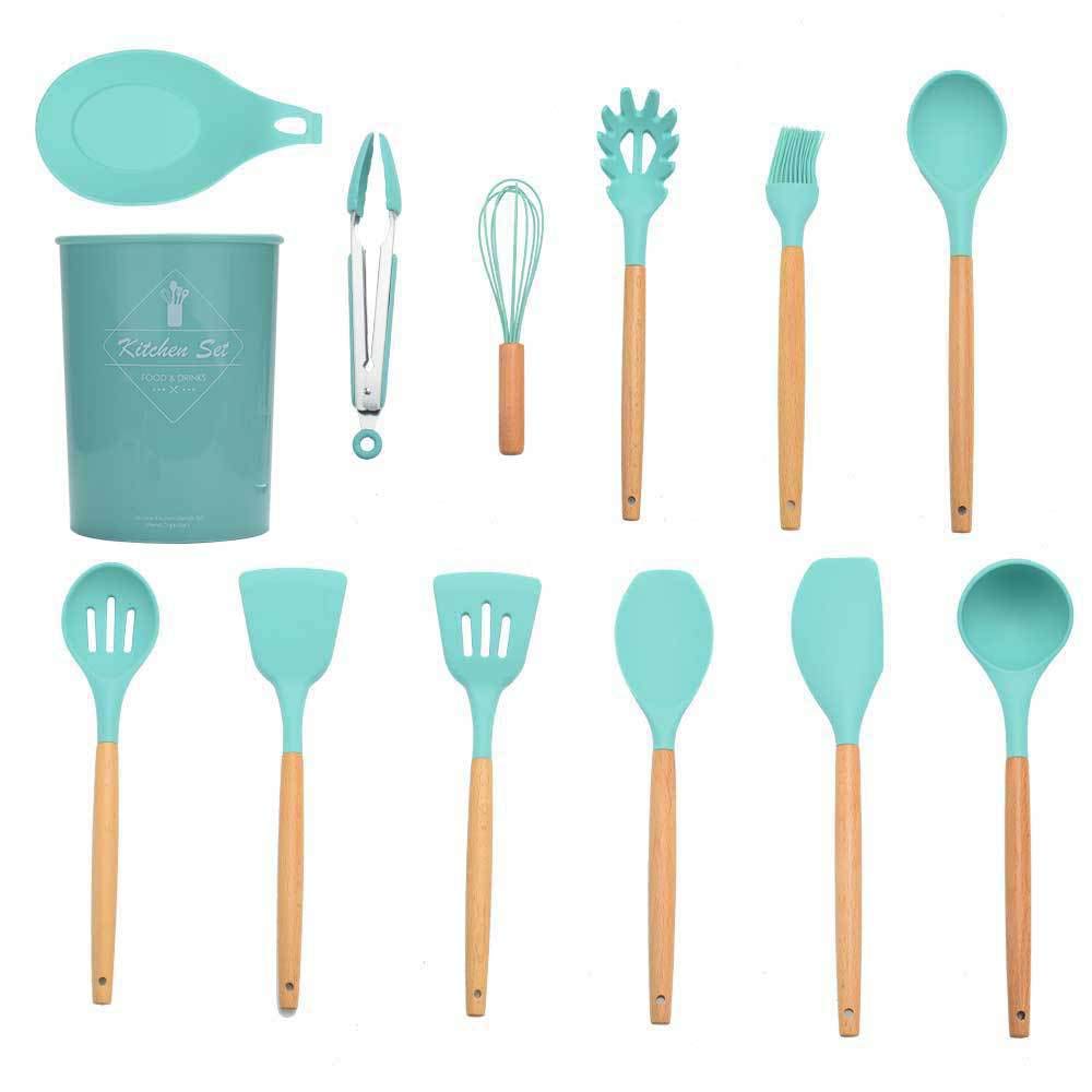 Ustensiles de cuisine silicone et manche en bois pour repas de famille sains