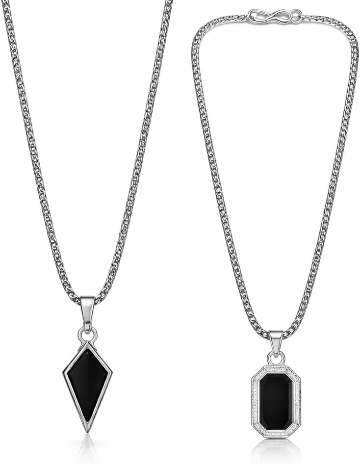 TR Haute Black Onyx Style Pendant Chain Combo Set of 2 for boys and men | Necklace for Boys | Gift Jewellery, pack of 2, trendy, stylish. Geometric Charm Chain