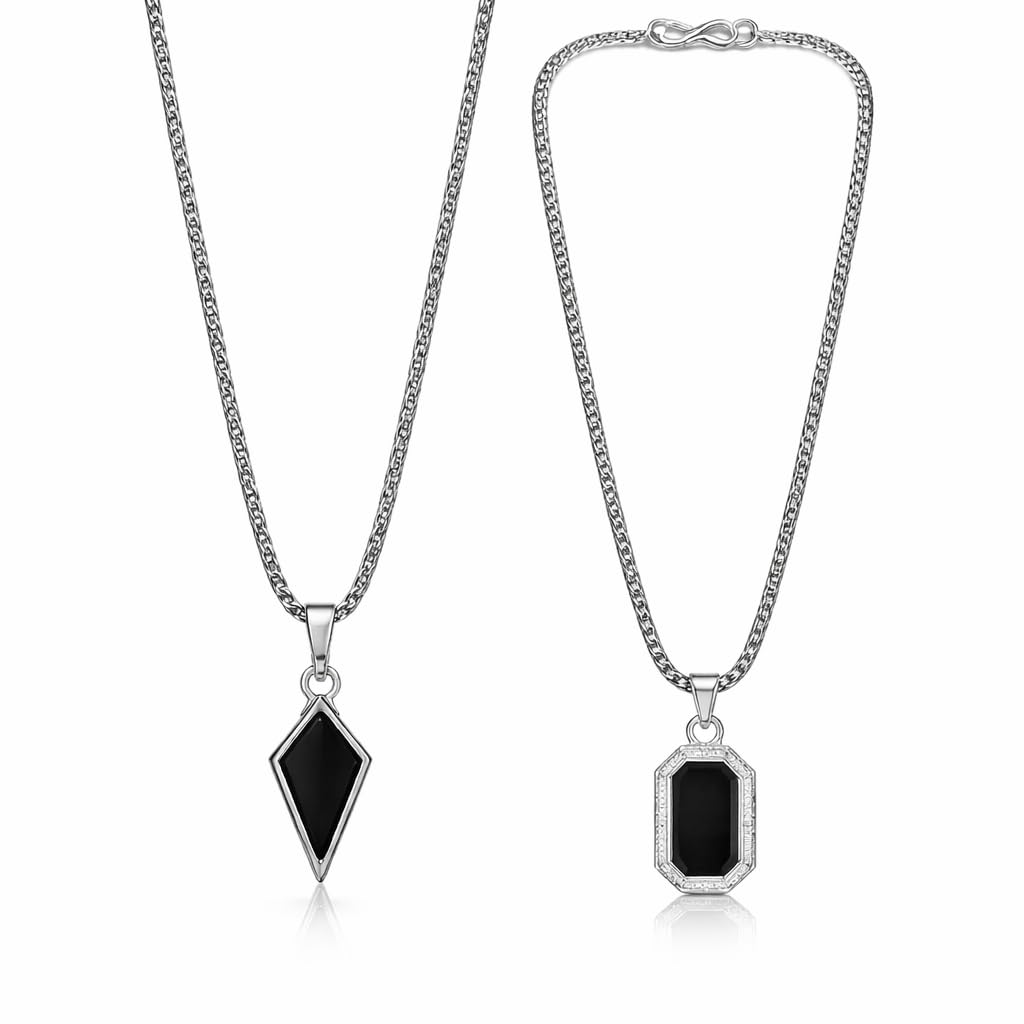 TR Haute Black Onyx Style Pendant Chain Combo Set of 2 for boys and men | Necklace for Boys | Gift Jewellery, pack of 2, trendy, stylish. Geometric Charm Chain-image-38