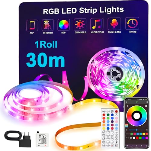 ONSTUY Ruban LED 30m,Flexible RGB Bande LED Decoration Chambre,LED Ruban 24V,APP et Télécommande,Synchronisation de la Musique,Mode Minuterie,pour Chambre,Salle de Jeux,TV,Fête,Festival