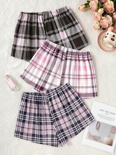 Image of WDIRARA Women's 3 Pack Plaid Letter Graphic Pajama Shorts Lounge Shorts | Elastic Waist ,Comfortable,Home Living,Sleepwear