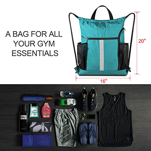 Image of BeeGreen Teal String Backpack Bag Cinch Sack with Shoe Compartment and Two Zipper Pockets and Two Side Mesh Pockets Lightweight Large Drawstring Gym Sackpack for Men and Women