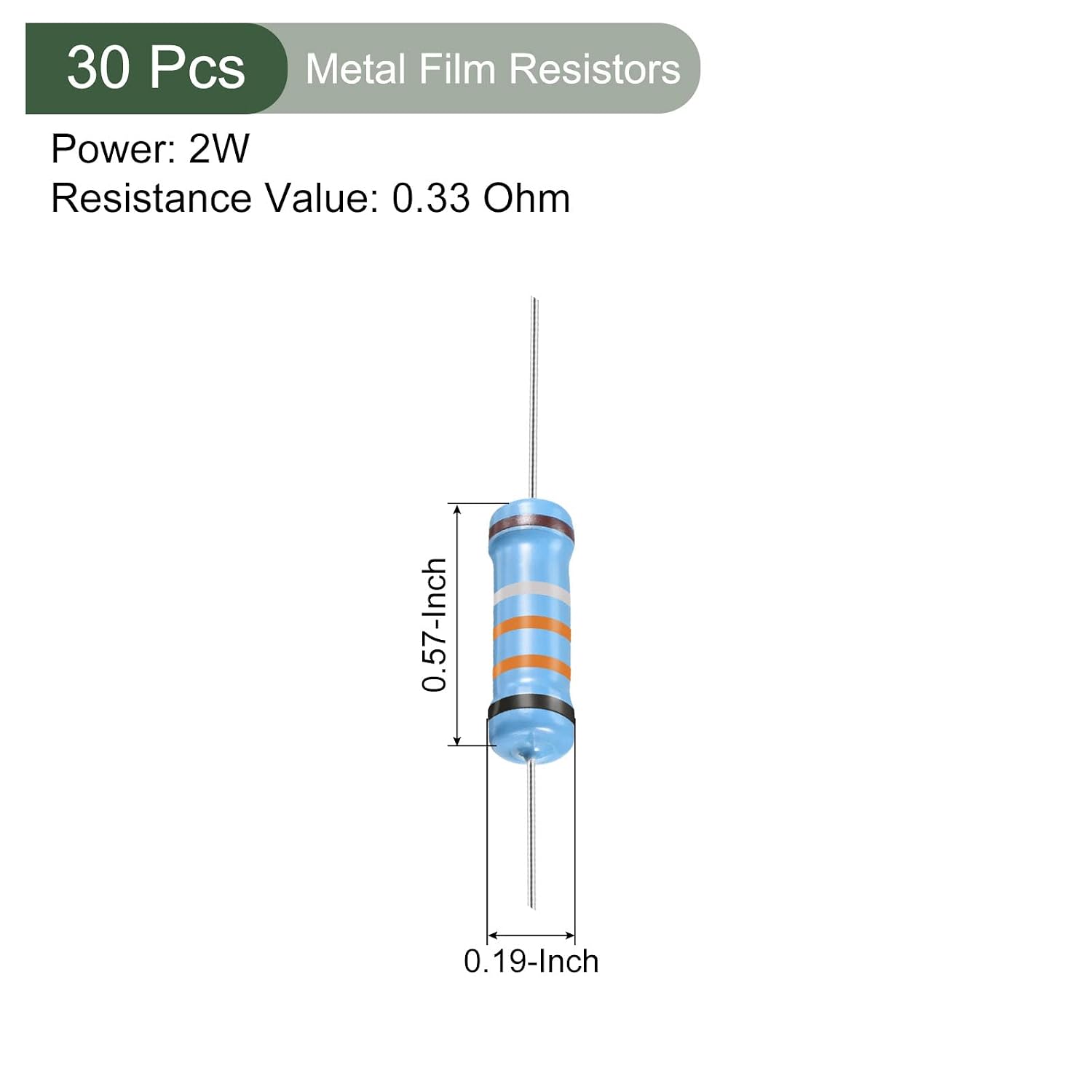 YOKIVE 30 PCS Metal Film Resistors, 0.33 Ohm Resistor with 2W 1% Tolerance, Lead, Good for DIY Electronic Projects (5 Color Bands, 15.5+/-1mm)