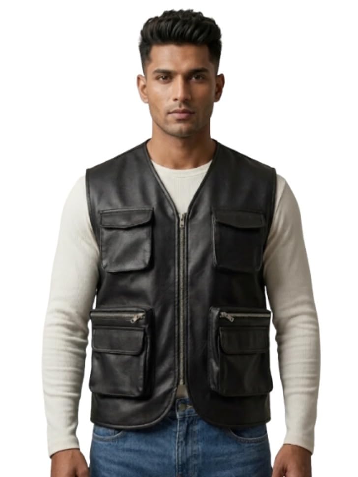 drip spoiler Men’s Stylish Leather Utility Vest With Multi Pockets And Sleeveless For Travel, Outdoor, Casual Outfit (Size: M)-picture-14