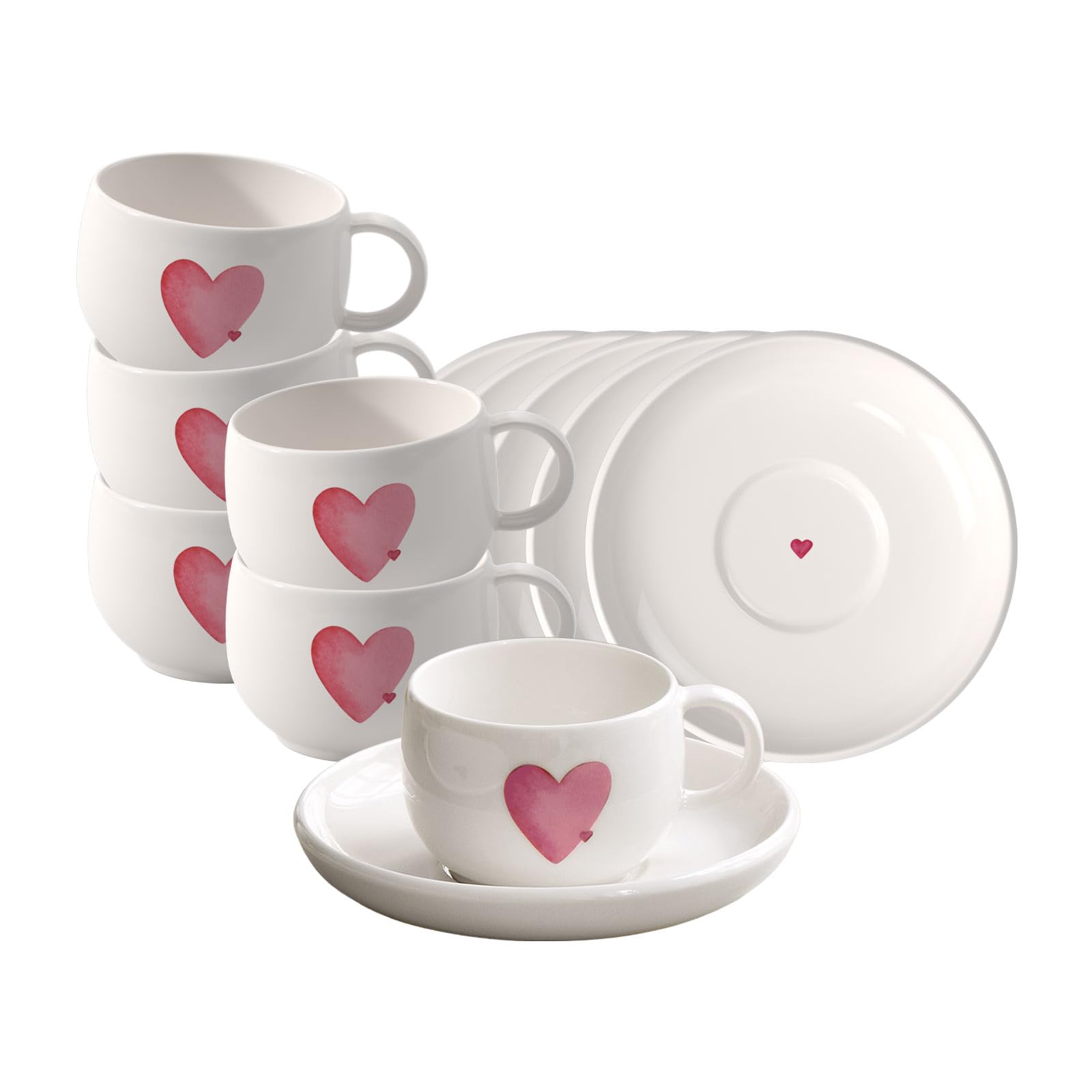 like. by Villeroy & Boch – With Love Espressotassen mit Untertassen 6er Set, 60 ml, Weiß mit rotem Aquarelldekor, Spülmaschinenfest & Mikrowellensicher, Herzmotiv, Premium Porzellan