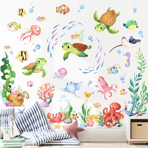 Supzone Under the Sea Wall Decals - Cute Sea Turtle Ocean Fish Seaweed Octopus Wall Stickers for Kids Baby Nursery Toddlers Bedroom Bathroom Playroom Decor