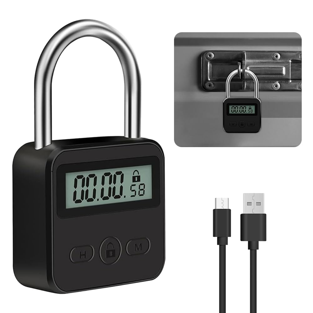 Bloqueo de Tiempo Inteligente, USB Recargable Candado Seguridad con LCD Pantalla Digital Máximo de 99 Horas Smart Time Lock Electrónico de Metal Resistente para Prevenir Malos Hábitos