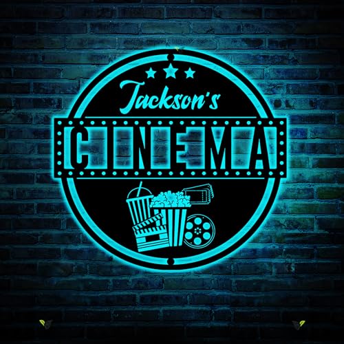 Film personnalisé et Popcorn Metal Wall Art LED Light Custom Family Cinema Home Theater Nom Signe Home Decor Theatre Decor Cadeau d’anniversaire de Noël