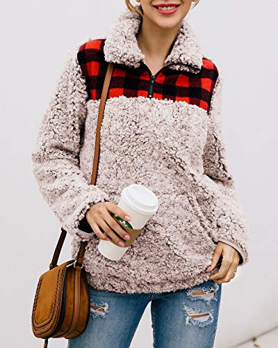 BTFBM Women Fashion Color-Block Plaid Print Warm Fleece Long Sleeve Sweatshirt Zipper Sherpa Pocket Pullover Jacket Tops (Brown, Medium)
