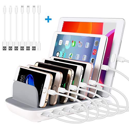 PRITEK Estación de Carga USB 60W/12A 7 Puertos Estación de Carga de Escritorio para Múltiples Dispositivos con 6 Puertos USB Ai + 1 Puerto USB-C con 7 Cables USB (Blanco)