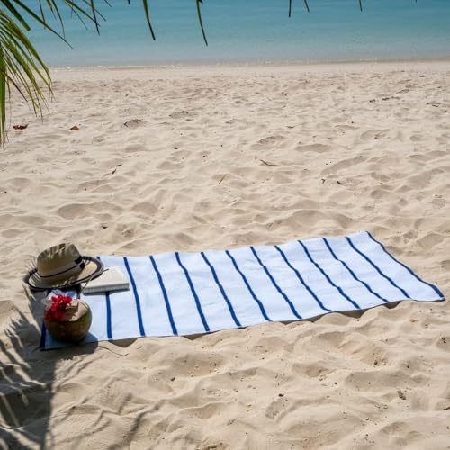 Image of Casa Copenhagen Pack of 2 Cabana Pool XL Towels for Bath Cotton Rough and Tough Use,70 x 140 cm Colour : White Navy Stripe