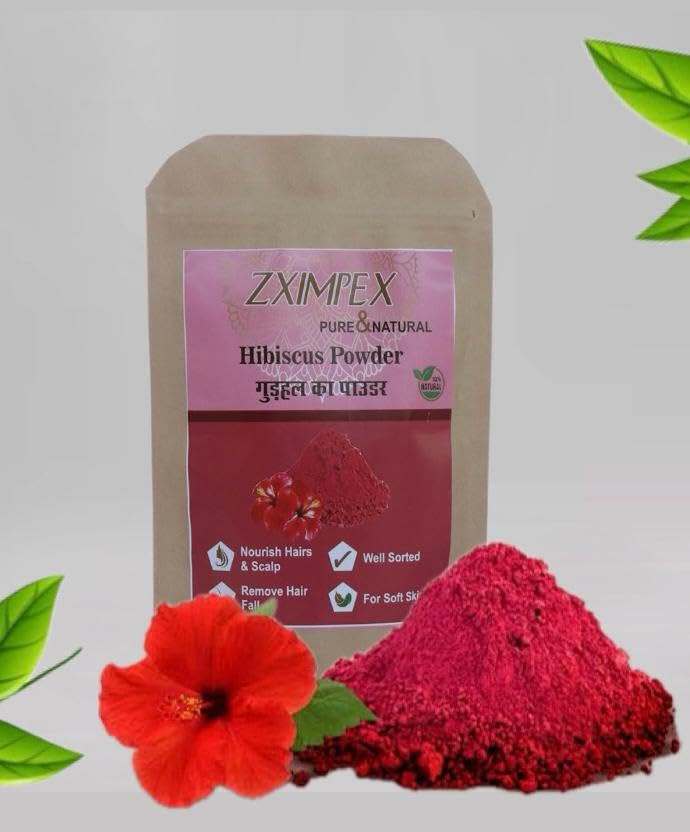 ZXIMPEX Organic Hibiscus Flower Powder for Face Pack and Hair Mask, Natural Pure Hibiscus Rosa-Sinensis Hair & Skin Care, Gudhal Ka Phool Powder For Dull Hair & Dry Scalp - 100g