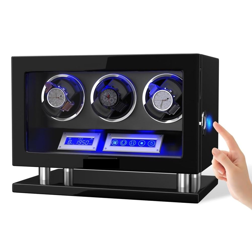 Relojero Automatico, Caja Relojes Automáticos Enrollado Vertical de 90° 3 Winding Slots | Desbloqueo Mediante Huella Dactilar Control Mediante Pantalla Táctil Iluminación Ambiental Ultrasilencioso <10 Db
