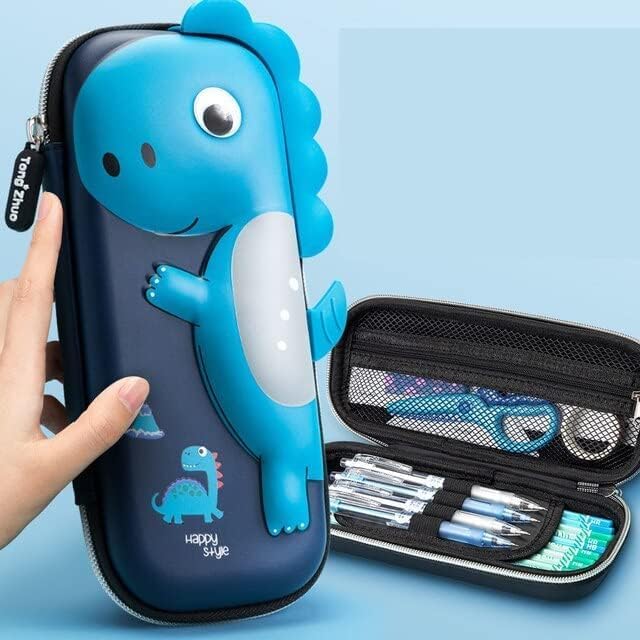 Image of Dinosaur Hardtop Pencil Case with Multiple Compartments - Kids School Supply Organizer Students Stationery Box - Girls Pen Pouch (Small Dinosaur Pouch Blue)