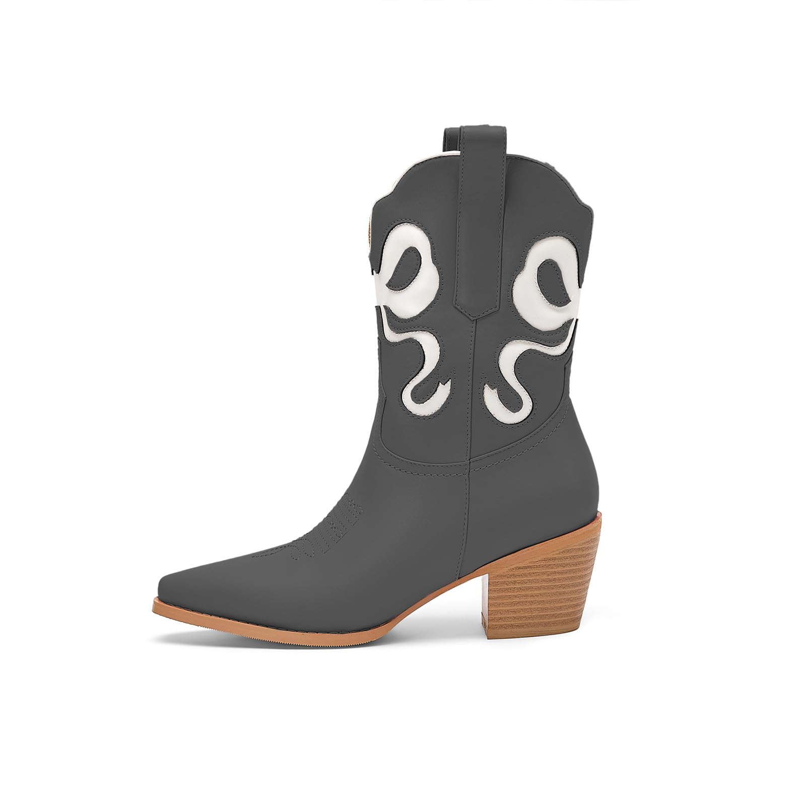 Womens Cowboy Boots with White Bows Embroidered Ankle Cowboy Boots Fashion Almond Pointed Toe Chunky Heel Short Boots