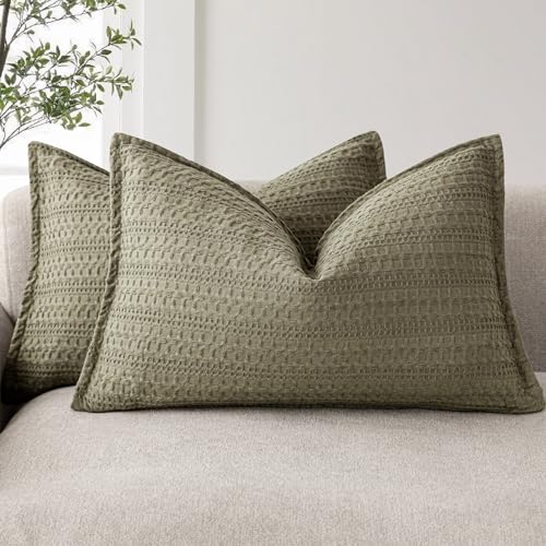 Image of Foindtower Set of 2 Decorative Cotton Waffle Weave Lumbar Throw Pillow Covers Euro Shams Cushion Covers Accent European Pillowcase for Bed Couch Bedroom Living Room Home Decor 12x20 Inch Olive Green
