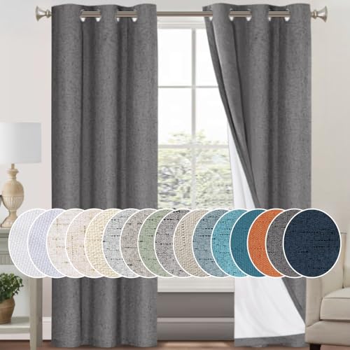 Image of PrinceDeco 100% Blackout Curtains for Bedroom Linen Blackout Curtains 84 Inches Long Full Light Blocking Thermal Insulated with White Liner Energy Saving Warm Drapes for Winter, Grey,W 42 X L 84 Inch