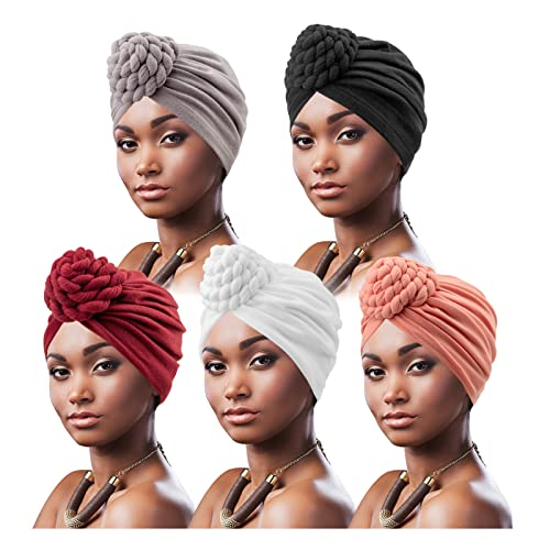 Image of DRESHOW 5 Pack Knotted Headwraps for Women African Turban Pre-Knotted Beanie Headwraps Hair Covers