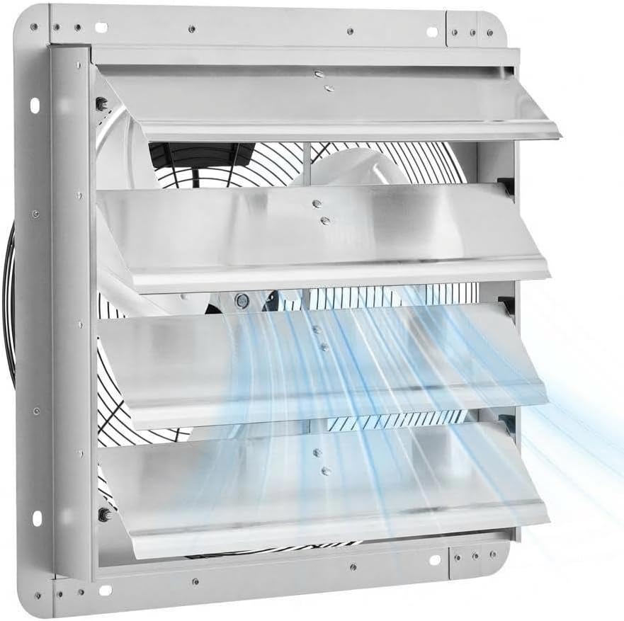 12" Wall Mount Shutter Exhaust Fan, 1000 CFM High-Speed Ventilator with Quiet 1500 RPM Motor for Attics, Garages, Greenhouses & Sheds