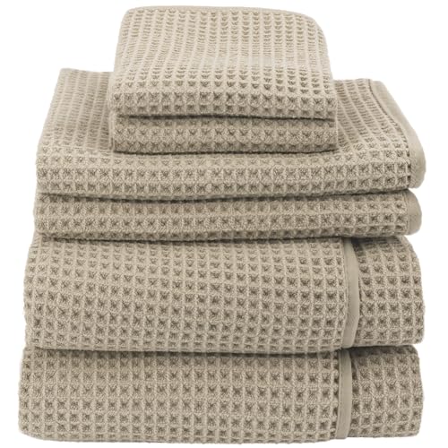 S&T INC. Aura Microfiber Waffle Towel Set, 6 Piece Set, Quick-Dry, Lightweight Bath Towels, Wash Cloths and Hand Towels for Bathroom, Kitchen, and Home, 420 GSM, Beige