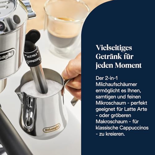 De'Longhi Dedica Style - Perfetto Kompakte Siebträgermaschine Espressomaschine mit Tasten, manuellem Milchaufschäumer für Espresso und Cappuccino, ESE Pad geeignet, 15cm breit, Metall (EC685.M)
