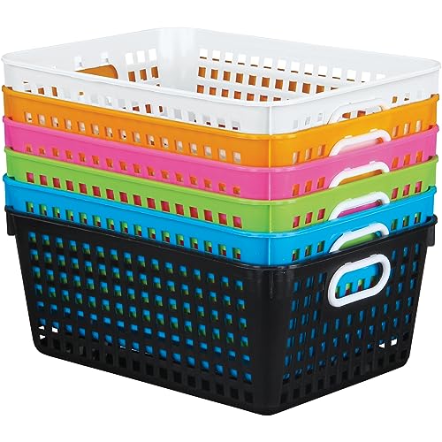 Image of Really Good Stuff Large Plastic Storage Baskets with Handles - 6 Pack | 13.75 inch x 9.75 inch x 5 inch, Neon Group Colors, for Books & Supplies, Organize Classroom & Home