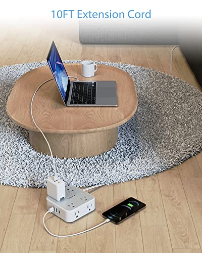 Power Strip Surge Protector 10 Ft Cord, 8 Widely Outlets, 3 Usb Charger(1 Usb C Port), Ultra Thin Flat Extension Cord 10 Feet, Flat Plug, Desk Charging Station For Home, Office, Dorm Room Essentials #TOP5