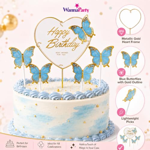Image of Wanna Party Happy Birthday Cake Topper with Blue Butterflies, 5 Pcs Butterfly Cake Decoration Set for Birthday Cake, Cupcake, Dessert Table, Party Decor & Celebration Supplies