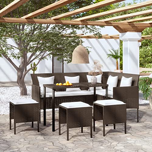 Image of DEVOKO 6-Piece Outdoor Patio Furniture Set All-Weather Wicker Sectional Sofa, Dining Table, Ottomans(Dark Brown Rattan & White Cushions)