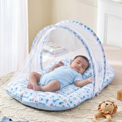 Image of Amazon Brand - Supples Baby Bed Mattress with Mosquito net | Animal Print | Blue